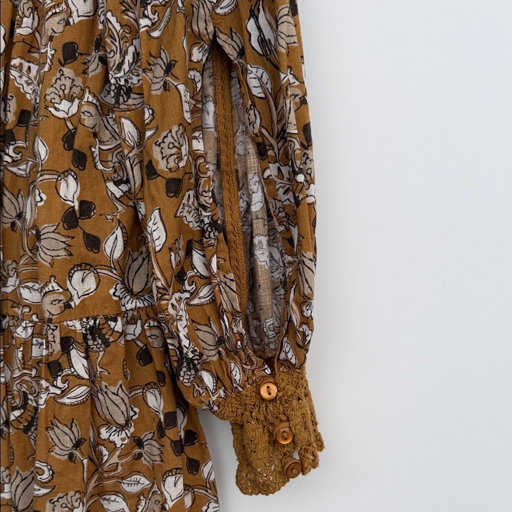 Anthropologie Floral Tiered Cottagecore Boho Dress Petite 6P Mustard Botanical - Picture 10 of 16